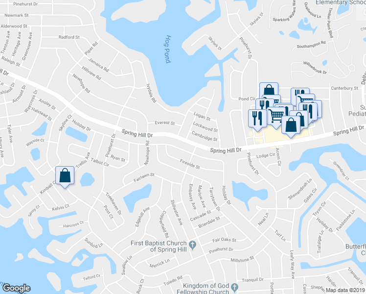 map of restaurants, bars, coffee shops, grocery stores, and more near 7103 Holiday Drive in Spring Hill