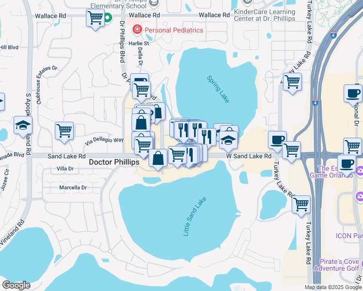 map of restaurants, bars, coffee shops, grocery stores, and more near 7559 Sand Lake Road in Orlando