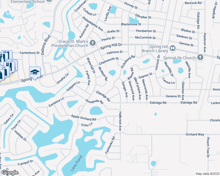 map of restaurants, bars, coffee shops, grocery stores, and more near 8423 Vicksburg Road in Spring Hill
