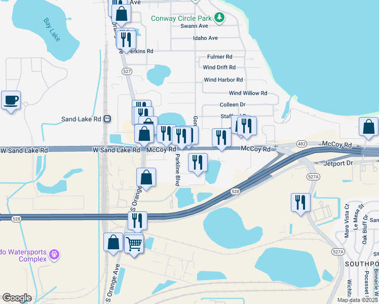 map of restaurants, bars, coffee shops, grocery stores, and more near 1504 McCoy Road in Orlando