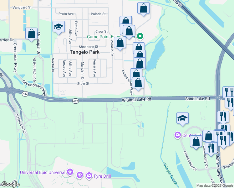 map of restaurants, bars, coffee shops, grocery stores, and more near 4765 Sand Lake Road in Orlando