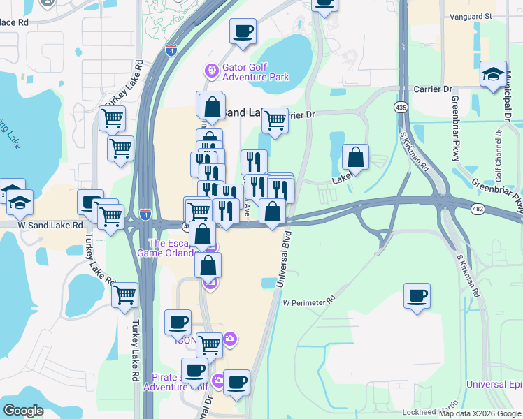 map of restaurants, bars, coffee shops, grocery stores, and more near 7975 Canada Avenue in Orlando