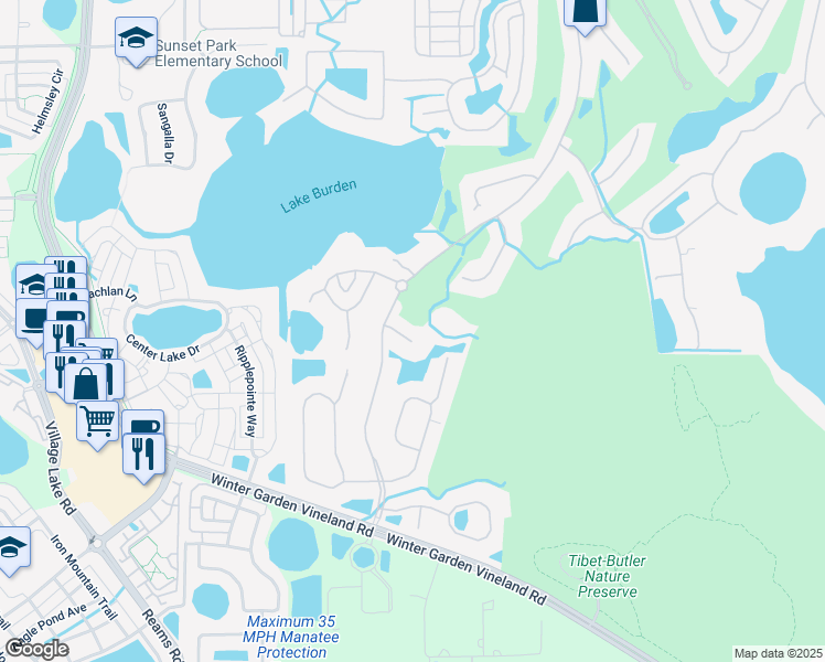 map of restaurants, bars, coffee shops, grocery stores, and more near 8345 Tibet Butler Drive in Windermere