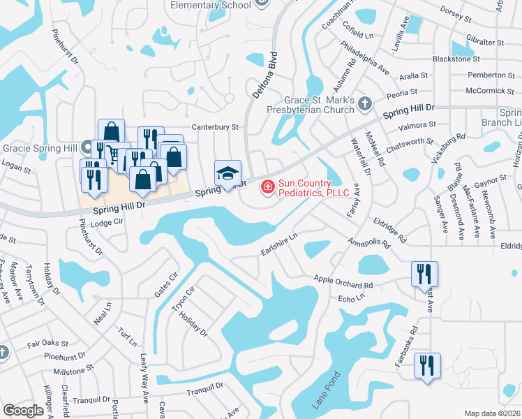 map of restaurants, bars, coffee shops, grocery stores, and more near 8246 Omaha Circle in Spring Hill
