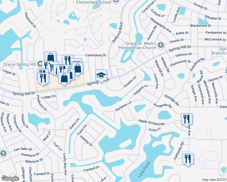 map of restaurants, bars, coffee shops, grocery stores, and more near 8246 Omaha Circle in Spring Hill