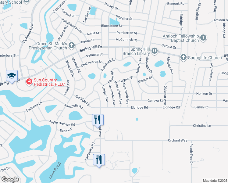 map of restaurants, bars, coffee shops, grocery stores, and more near 1184 Desmond Avenue in Spring Hill