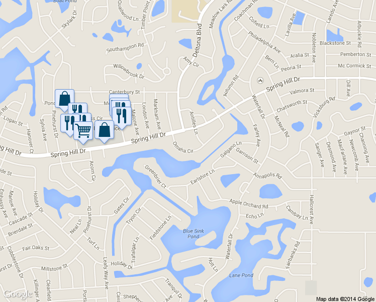 map of restaurants, bars, coffee shops, grocery stores, and more near 8298 Omaha Cir in Spring Hill