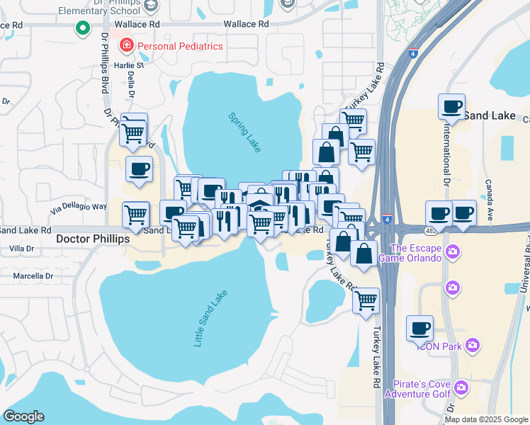 map of restaurants, bars, coffee shops, grocery stores, and more near 7343 West Sand Lake Road in Sand Lake