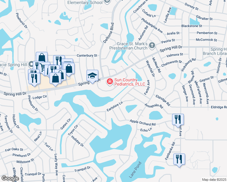map of restaurants, bars, coffee shops, grocery stores, and more near 8274 Omaha Circle in Spring Hill