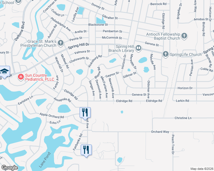 map of restaurants, bars, coffee shops, grocery stores, and more near 1188 Macfarlane Avenue in Spring Hill