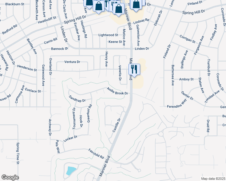 map of restaurants, bars, coffee shops, grocery stores, and more near 11018 Audie Brook Drive in Spring Hill