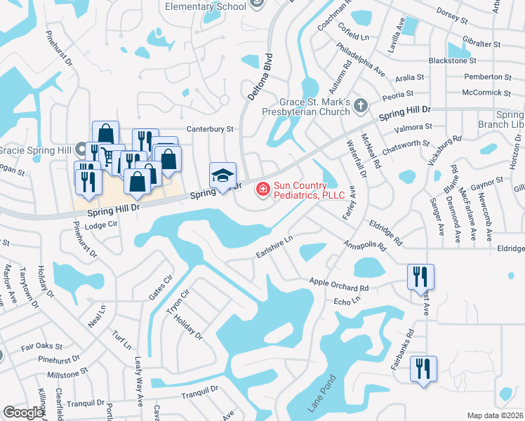 map of restaurants, bars, coffee shops, grocery stores, and more near 8246 Omaha Circle in Spring Hill
