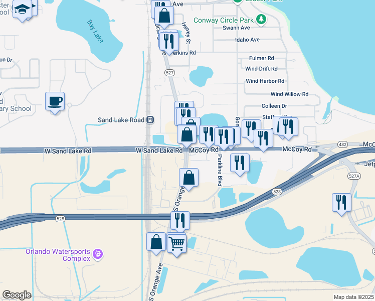 map of restaurants, bars, coffee shops, grocery stores, and more near S Orange Ave & Sand Lake Rd in Pine Castle