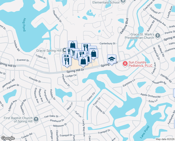 map of restaurants, bars, coffee shops, grocery stores, and more near 7400 Spring Hill Drive in Spring Hill