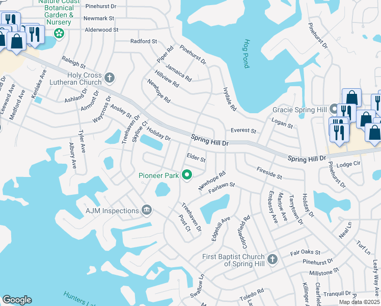 map of restaurants, bars, coffee shops, grocery stores, and more near 6397 Elder Street in Spring Hill