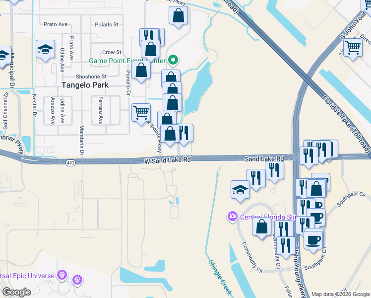 map of restaurants, bars, coffee shops, grocery stores, and more near 4725 West Sand Lake Road in Orlando