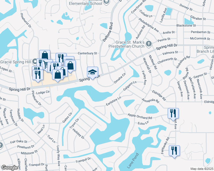 map of restaurants, bars, coffee shops, grocery stores, and more near 8246 Omaha Circle in Spring Hill