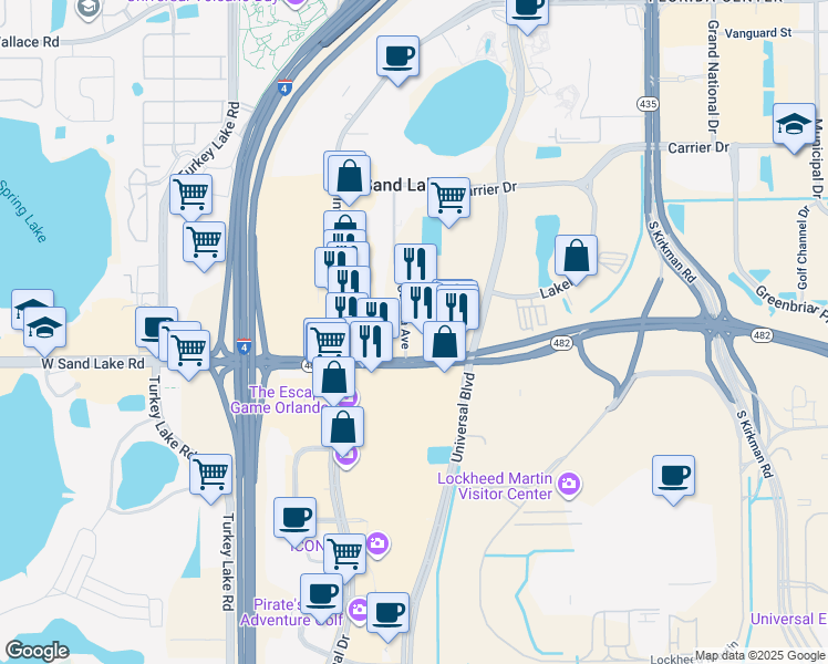 map of restaurants, bars, coffee shops, grocery stores, and more near 7975 Canada Avenue in Orlando