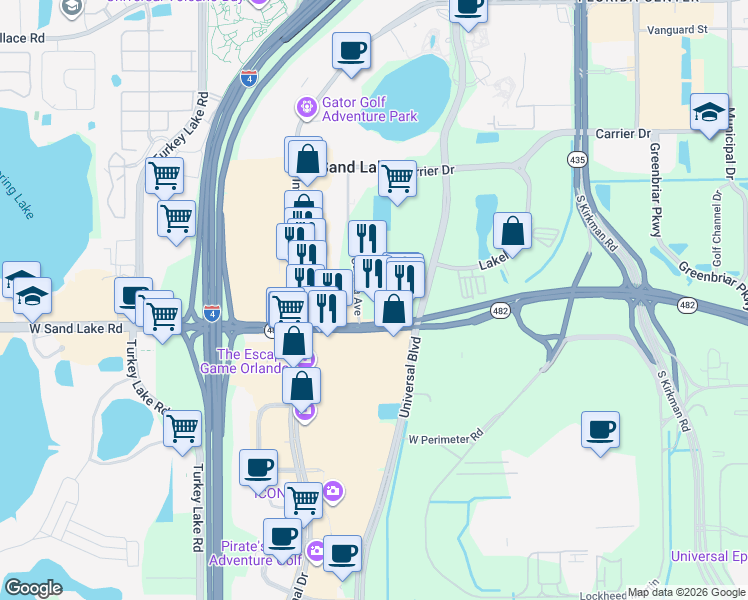 map of restaurants, bars, coffee shops, grocery stores, and more near 7672 Canada Avenue in Orlando