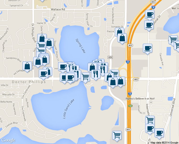 map of restaurants, bars, coffee shops, grocery stores, and more near 7341 Sand Lake Road in Orlando