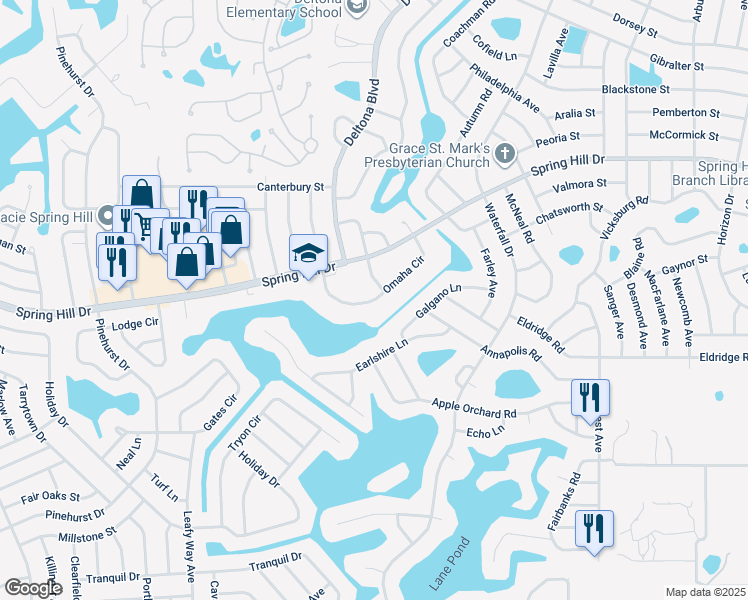 map of restaurants, bars, coffee shops, grocery stores, and more near 8280 Omaha Circle in Spring Hill
