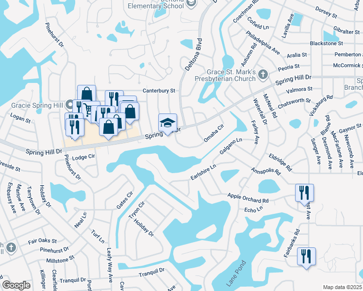 map of restaurants, bars, coffee shops, grocery stores, and more near 8246 Omaha Circle in Spring Hill