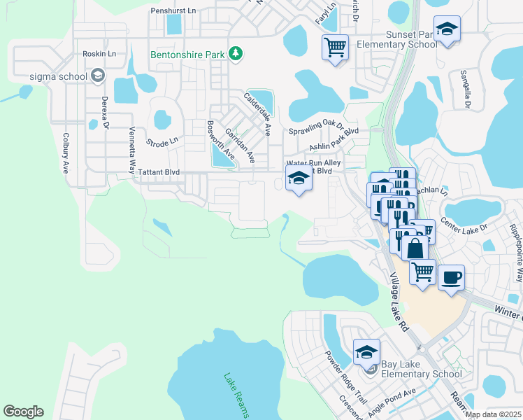 map of restaurants, bars, coffee shops, grocery stores, and more near 12874 Westside Village Loop in Windermere