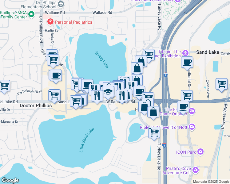map of restaurants, bars, coffee shops, grocery stores, and more near 7341 Sand Lake Road in Orlando