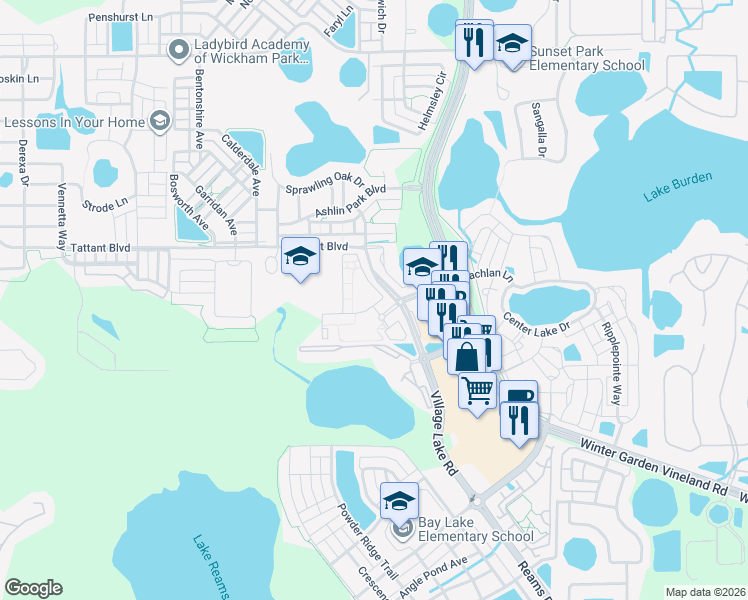 map of restaurants, bars, coffee shops, grocery stores, and more near 6506 San Francesco Way in Windermere