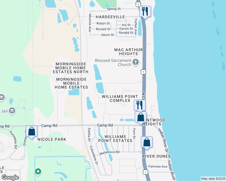 map of restaurants, bars, coffee shops, grocery stores, and more near 379 Williams Point Boulevard in Cocoa