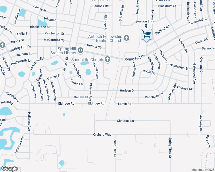 map of restaurants, bars, coffee shops, grocery stores, and more near 9362 Eldridge Road in Spring Hill