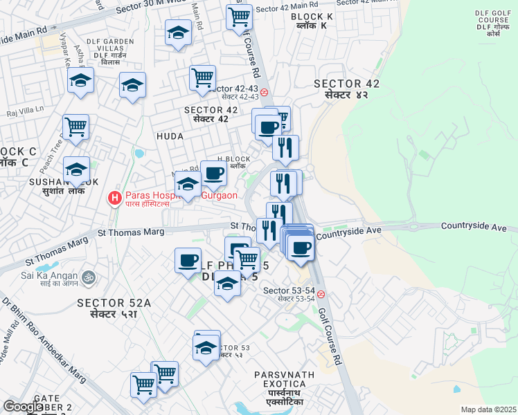 map of restaurants, bars, coffee shops, grocery stores, and more near Golf Course Road in Gurugram