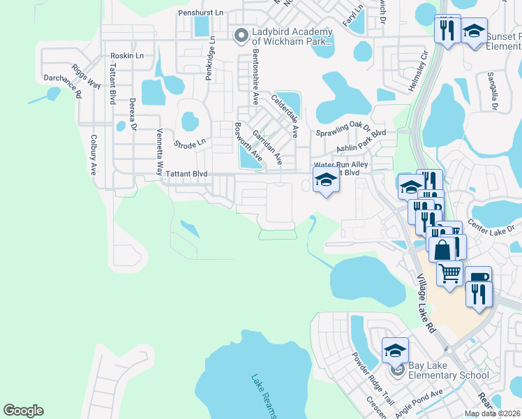 map of restaurants, bars, coffee shops, grocery stores, and more near 12826 Westside Village Loop in Windermere