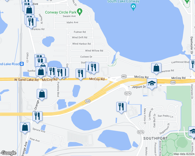 map of restaurants, bars, coffee shops, grocery stores, and more near 1936 McCoy Road in Orlando