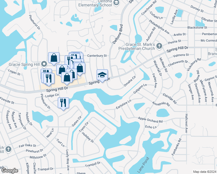 map of restaurants, bars, coffee shops, grocery stores, and more near 8234-8298 Omaha Cir in Spring Hill