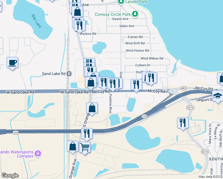 map of restaurants, bars, coffee shops, grocery stores, and more near 1100 McCoy Rd in Orlando