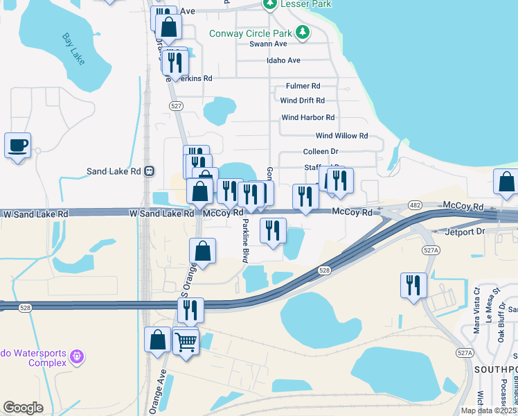 map of restaurants, bars, coffee shops, grocery stores, and more near 1504 McCoy Road in Orlando