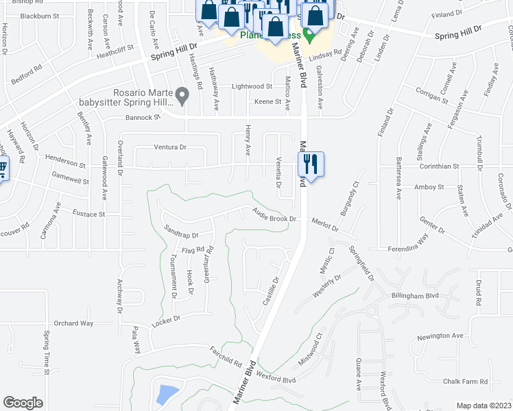 map of restaurants, bars, coffee shops, grocery stores, and more near 11017 Audie Brook Drive in Spring Hill