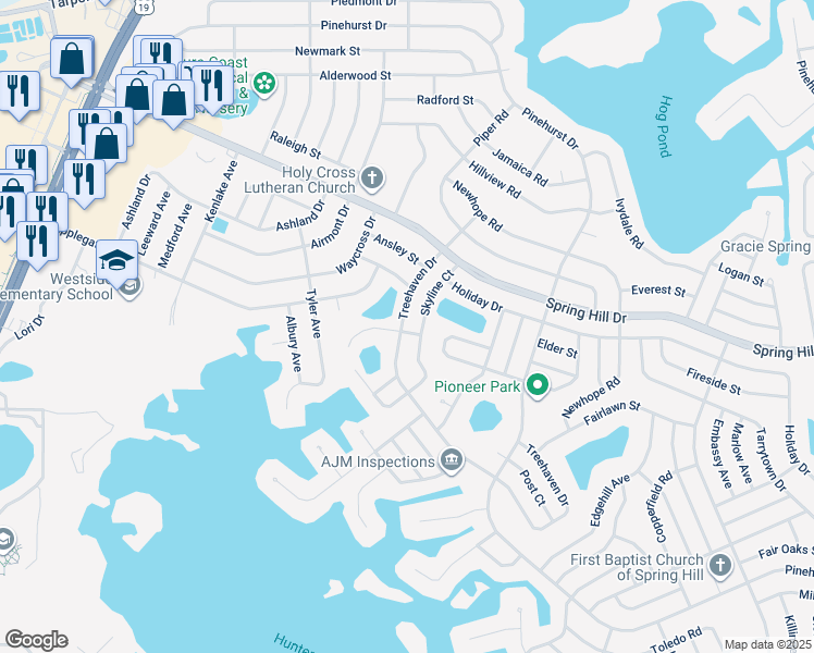 map of restaurants, bars, coffee shops, grocery stores, and more near 6257 Wayside Court in Spring Hill