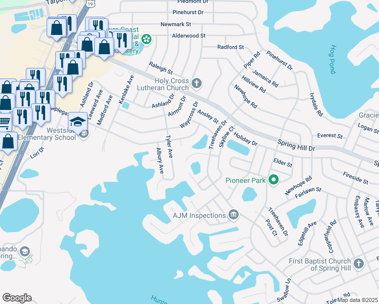 map of restaurants, bars, coffee shops, grocery stores, and more near 6189 Wayside Court in Spring Hill