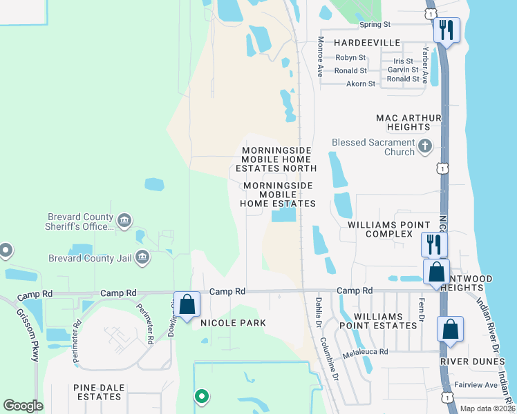 map of restaurants, bars, coffee shops, grocery stores, and more near 5365 Burgess Avenue in Cocoa