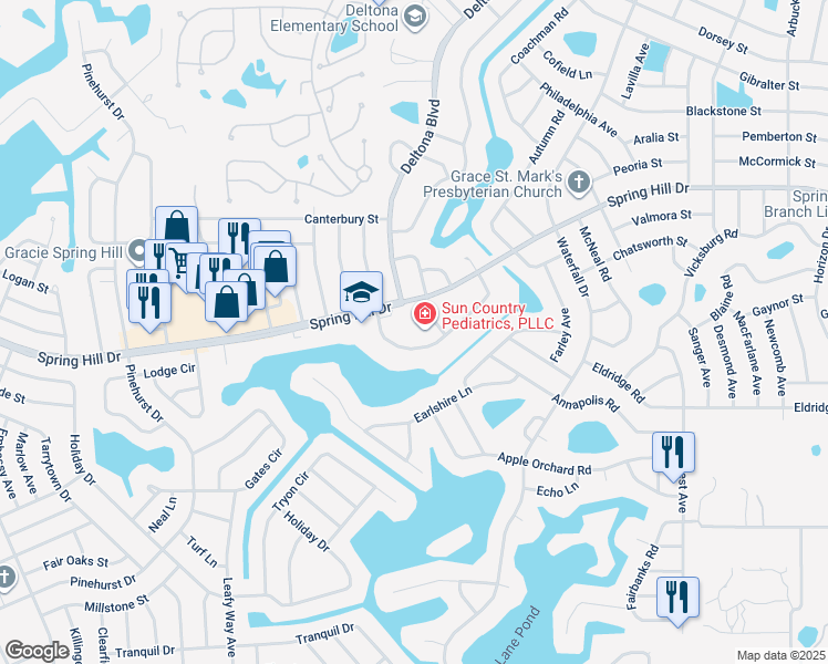 map of restaurants, bars, coffee shops, grocery stores, and more near 8136 Spring Hill Drive in Spring Hill