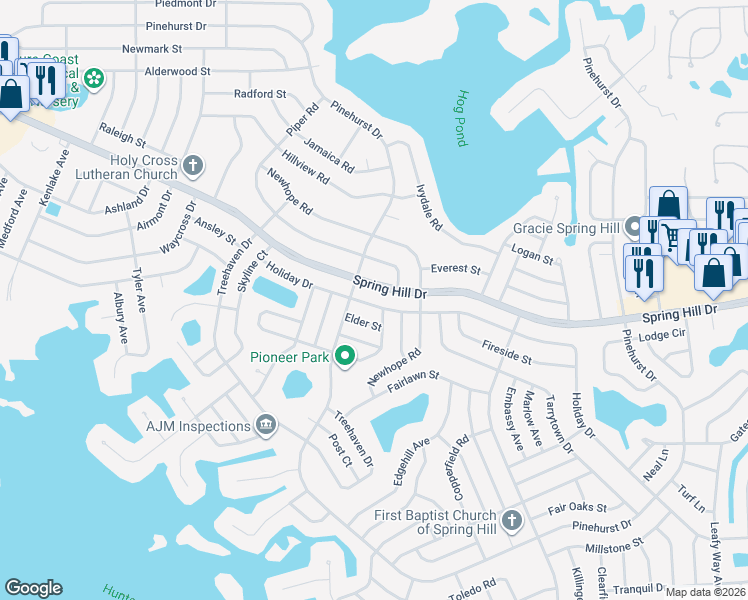 map of restaurants, bars, coffee shops, grocery stores, and more near 6499 Spring Hill Drive in Spring Hill