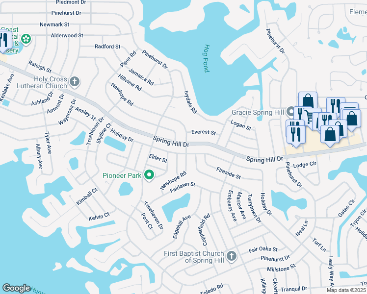 map of restaurants, bars, coffee shops, grocery stores, and more near 6544 Spring Hill Drive in Spring Hill