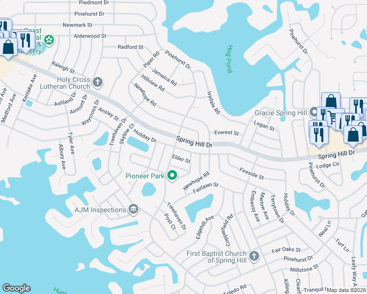 map of restaurants, bars, coffee shops, grocery stores, and more near 6651 Pinehurst Drive in Spring Hill