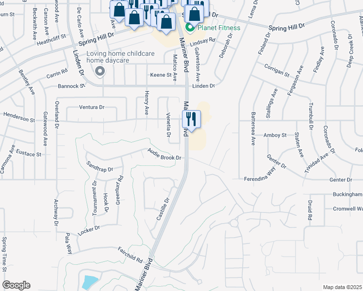 map of restaurants, bars, coffee shops, grocery stores, and more near 1182 Muscovy Drive in Spring Hill