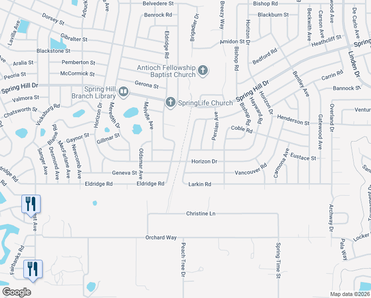 map of restaurants, bars, coffee shops, grocery stores, and more near 1585 Larkin Road in Spring Hill