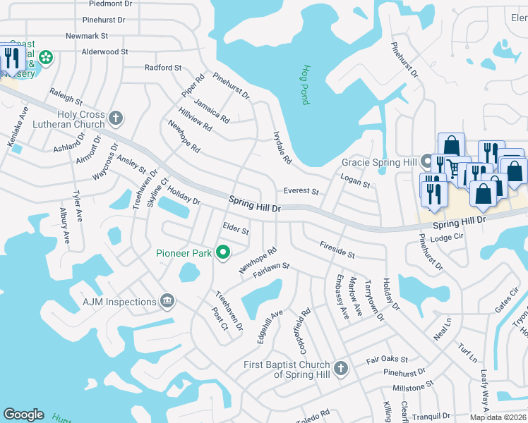 map of restaurants, bars, coffee shops, grocery stores, and more near 6528 Spring Hill Drive in Spring Hill