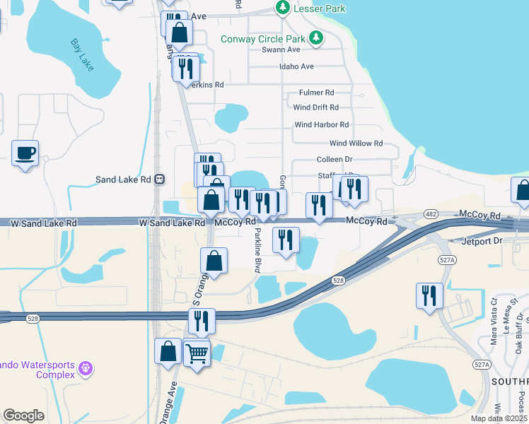 map of restaurants, bars, coffee shops, grocery stores, and more near 8204 Gondola Drive in Orlando