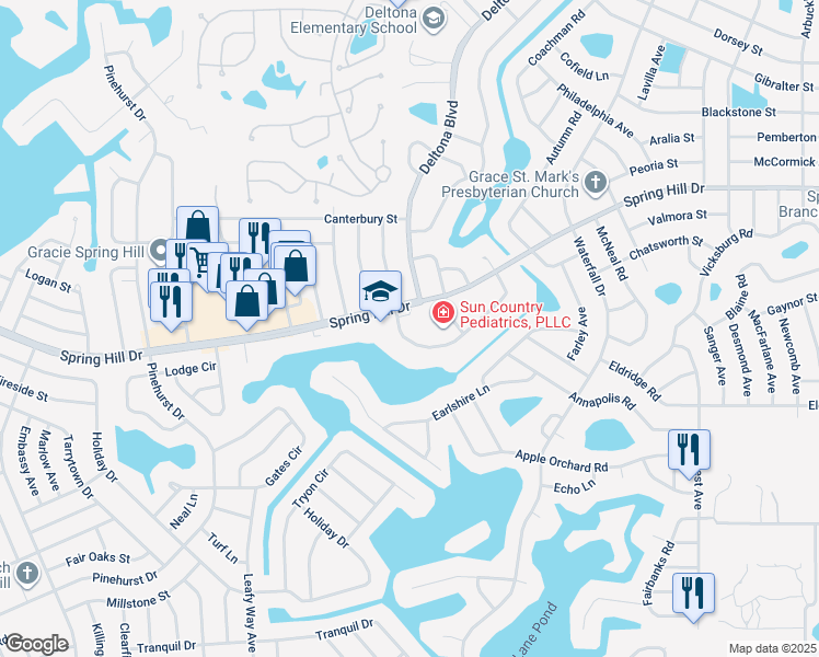 map of restaurants, bars, coffee shops, grocery stores, and more near 8068 Spring Hill Drive in Spring Hill
